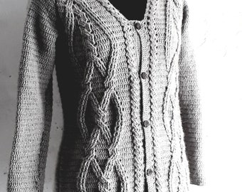 Crochet cardigan pattern, crochet womens sweater, cable stitch cardigan, twisted cables cardigan pattern, adult 5 sizes, pattern no 118