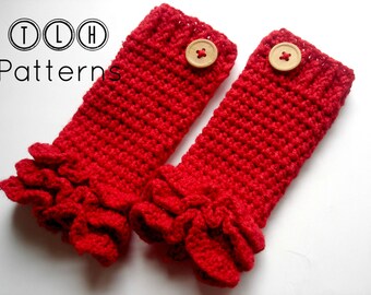May include: A pair of red crocheted fingerless gloves with a ruffled edge and a wooden button on each glove.