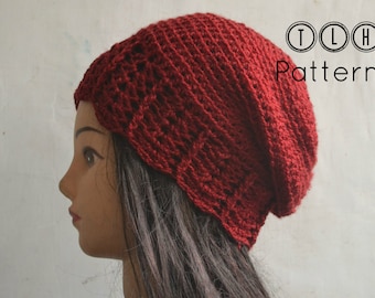 Crochet hat pattern, crochet slouchy beanie, crochet beanie pattern. Slouchy beanie with shell trim, adult size, Pattern No. 34