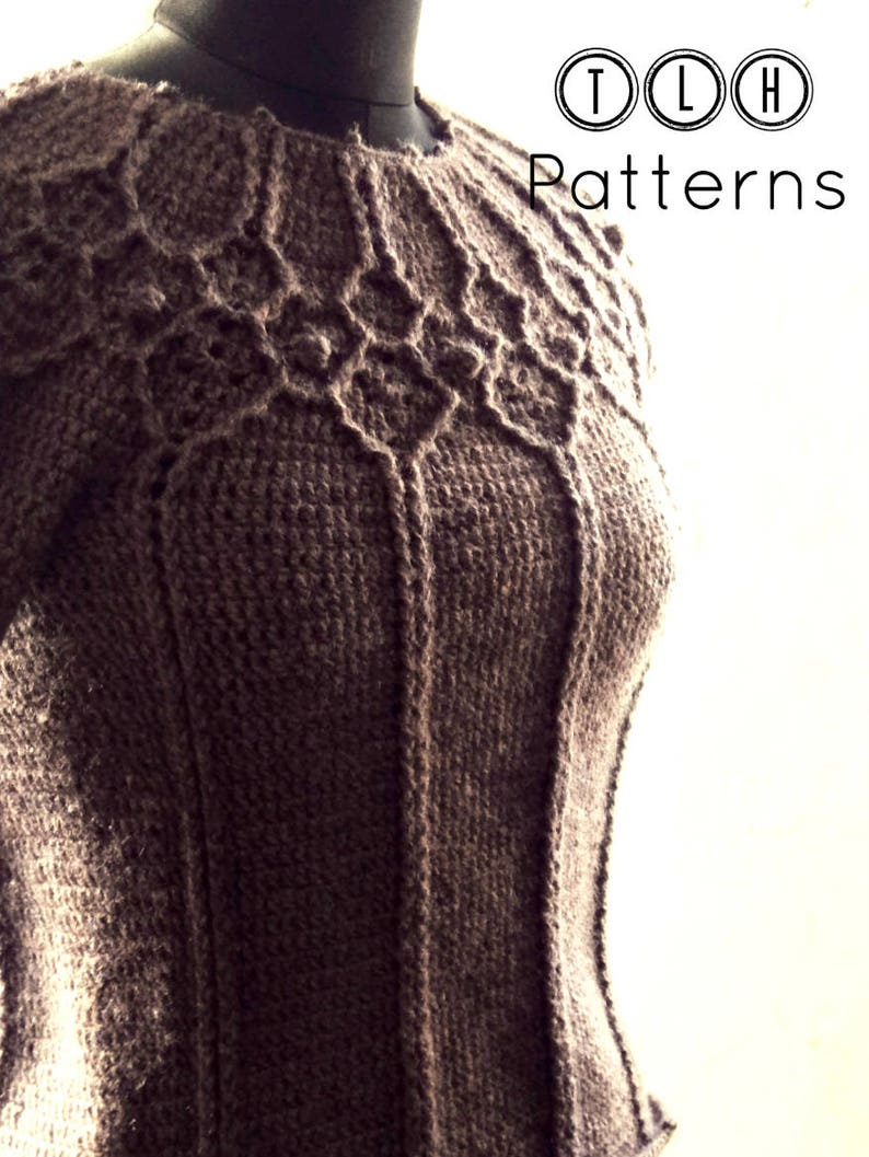 Crochet pullover pattern, crochet sweater pattern, crochet women pattern, adult 5 sizes, cable yoke pullover pattern no 106 image 1