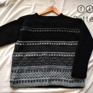 Crochet sweater pattern, crochet unisex sweater pattern, crochet pullover, textured jumper, grayscale, five adult sizes small to XXL
