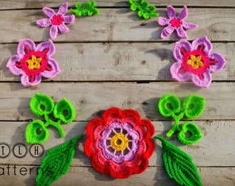 Crochet flowers and leaves applique pattern, crochet applique pattern, crochet flower embellishment, spring flowers and leaves, pattern 129