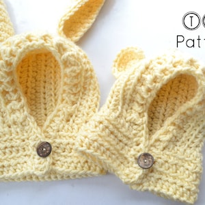 Crochet hooded cowl pattern, crochet hood with rabbit and bear ears, hooded cowl with ears, 5 sizes 6 months to adult, pattern no 90 image 1