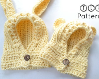 Crochet hooded cowl pattern, crochet hood with rabbit and bear ears, hooded cowl with ears, 5 sizes - 6 months to adult, pattern no 90