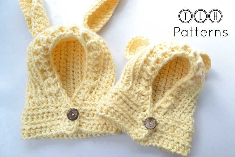 Crochet hooded cowl pattern, crochet hood with rabbit and bear ears, hooded cowl with ears, 5 sizes 6 months to adult, pattern no 90 image 1