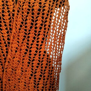 May include: A rust-coloured, open-weave crochet shawl. The shawl is draped over a black form, highlighting its intricate, lacy pattern. The colour is a warm, earthy tone, and the design is airy and decorative.