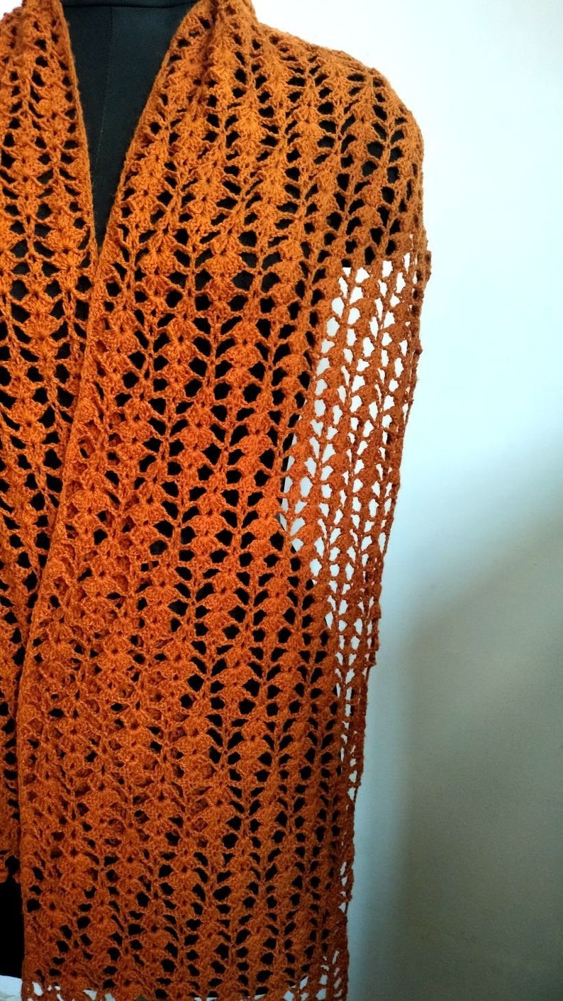 May include: A rust-coloured, open-weave crochet shawl. The shawl is draped over a black form, highlighting its intricate, lacy pattern. The colour is a warm, earthy tone, and the design is airy and decorative.