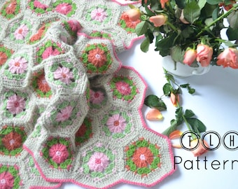 Crochet baby blanket pattern, crochet blanket pattern, crib blanket, hexagon afghan, Hexagon flower baby blanket, pattern no. 73