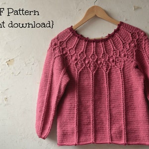 Crochet pullover pattern, crochet sweater pattern, crochet women pattern, adult 5 sizes, cable yoke pullover pattern no 106 image 4