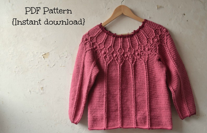 Crochet pullover pattern, crochet sweater pattern, crochet women pattern, adult 5 sizes, cable yoke pullover pattern no 106 image 4