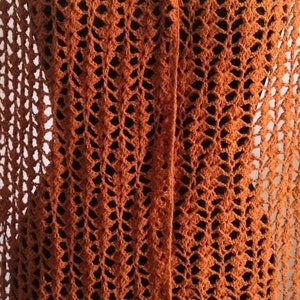 May include: A close-up of a rust-coloured, open-weave crochet garment. The intricate pattern creates a delicate, lacy effect. The garment appears to be a shawl or wrap, with a V-neck design. The texture and colour suggest a handmade item.