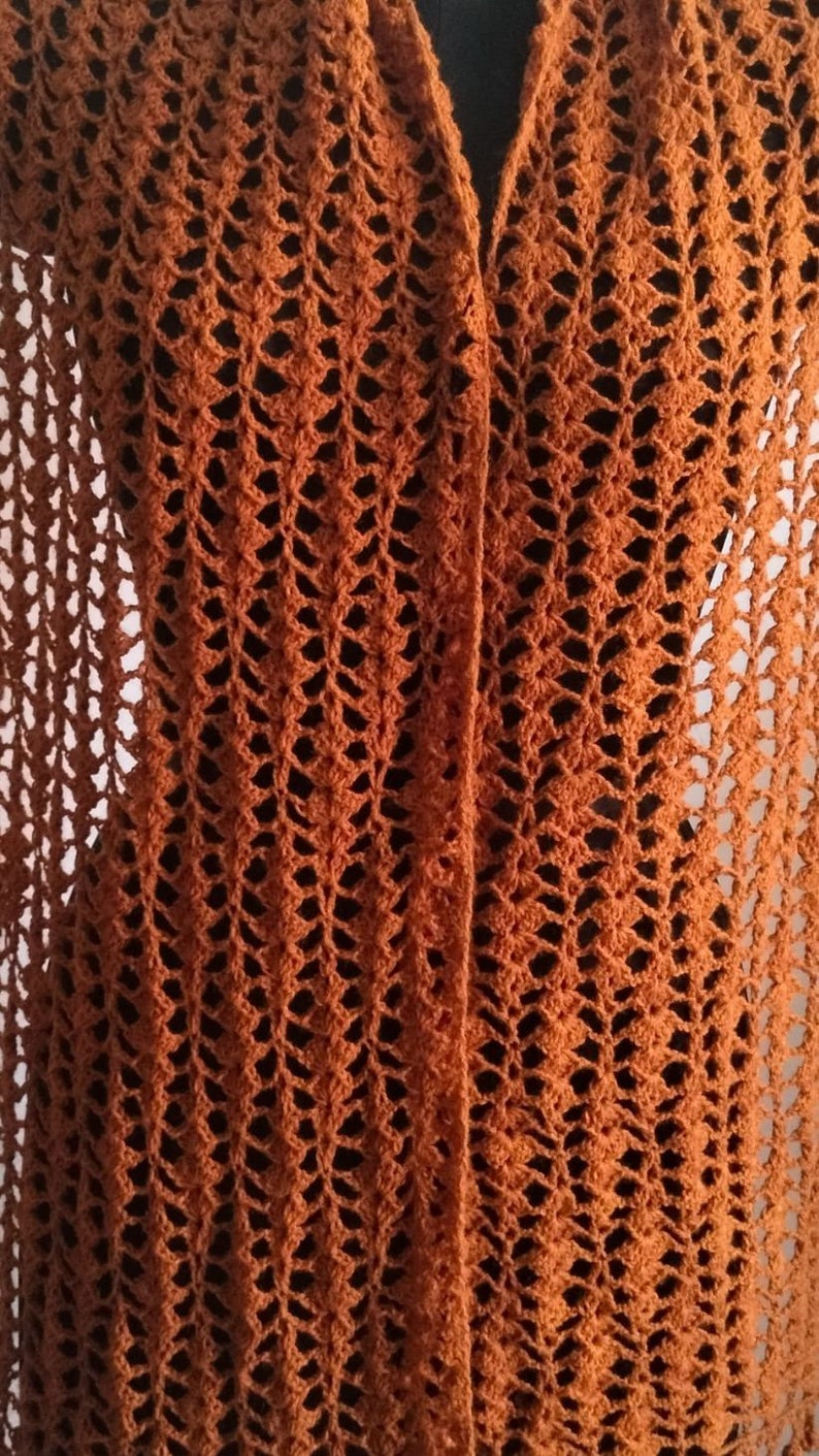May include: A close-up of a rust-coloured, open-weave crochet garment. The intricate pattern creates a delicate, lacy effect. The garment appears to be a shawl or wrap, with a V-neck design. The texture and colour suggest a handmade item.