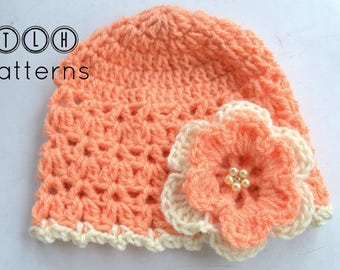 Crochet baby girl hat pattern, crochet baby hat, beanie pattern, crochet hat pattern 6 sizes, Liliana hat - newborn to adult, Pattern No. 89