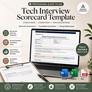 May include: A digital Tech Interview Scorecard Template displayed on a laptop screen and a printed clipboard. The document includes sections for candidate name, position, date, and interview round, with Word, Excel, and PDF icons visible.
