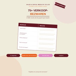 Op de afbeelding: Een digitaal document getiteld 75+ VERKOOP-BEZWAREN & killer reacties die het gesprek open houden, met een tabel met kolommen voor BEZWAAR en REACTIE, plus vier gekleurde knoppen met de labels 11 categorieën, Empathie eerst, dan het weerwoord, Voor elke sector en 6 pagina's.