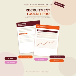 Può includere: Un set di documenti digitali per il reclutamento con una dashboard KPI dotata di grafico a linee, moduli e etichette di testo tra cui Recruitment Toolkit Pro, 23 pagina's, 90+ interviewvragen, 60+ bezwaren, Excel tools incl. e 3 bonussen.
