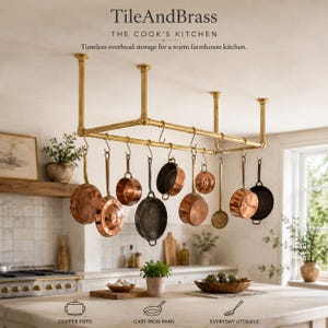 Handmade Brass Ceiling Pot Rack for Farmhouse Kitchens