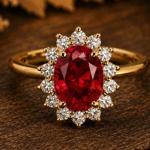 Könnte beinhalten: Ein Goldring mit einem großen, oval geschliffenen roten Edelstein in der Mitte, umgeben von einem Kranz aus kleinen, runden, klaren weißen Steinen. Die Ringschiene ist aus glattem, poliertem Gold und bildet einen klassischen Kontrast.