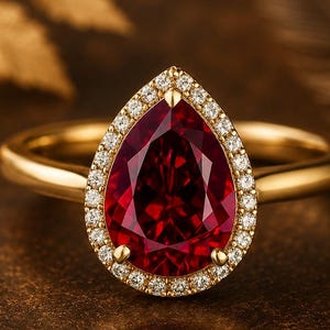 Op de afbeelding: Een gouden ring met een grote, peervormige, dieprode edelsteen als middelpunt. De centrale steen is omringd door een halo van kleine, heldere, rondgeslepen witte steentjes in een gouden zetting, op een gladde, gepolijste gouden ringband.