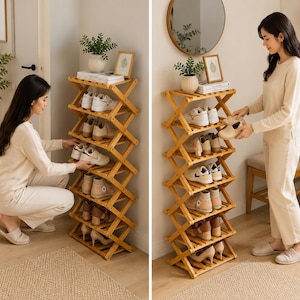 May include: A tall, collapsible wooden shoe rack featuring an accordion-style frame with seven horizontal shelves. The light-toned wood structure holds various pairs of footwear, including sneakers, flats, and heels, organized on each level.