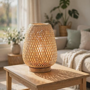Op de afbeelding: Een tafellamp met een lichtgekleurde, gevlochten bamboe kap met een ruitvormig patroon. De lamp heeft een cilindrische houten voet en verspreidt een warme, zachte gloed die ingewikkelde schaduwen werpt op het oppervlak van de houten tafel.