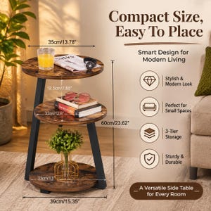 May include: A three-tier side table with a dark wood grain finish and black metal frame. The table features circular shelves with dimensions of 13.78 inches, 12.6 inches, and 13 inches in diameter, with a total height of 23.62 inches.