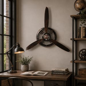 Puede incluir: Un reloj de pared diseñado como una hélice de avión de tres palas con un acabado marrón oscuro. El eje central presenta una esfera circular con detalles en negro y rojo, números blancos en las posiciones 12 y 6, y manecillas delgadas.