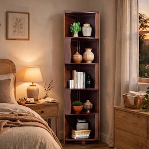 May include: A tall, dark brown wooden corner shelf unit featuring five open tiers. The shelves are filled with various decorative items, including small potted plants, ceramic vases, and stacks of books arranged on each level.