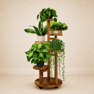 May include: A multi-tiered wooden plant stand with a dark brown finish and a circular base on wheels. The stand features several staggered shelves holding various potted green plants, including a trailing succulent and a leafy arrowhead plant.