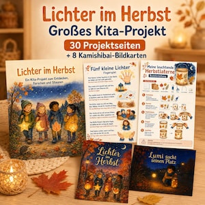 Könnte beinhalten: Ein Set aus Lehrmaterialien mit dem Titel Lichter im Herbst, bestehend aus einem Projektbuch, einer Fingerspielkarte, einer Bastelanleitung für Laternen sowie zwei illustrierten Bildkarten mit herbstlichen Motiven und Kindern.