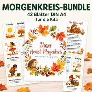 May include: A bundle of 42 DIN A4 educational sheets titled MORGENKREIS-BUNDLE, featuring autumn-themed illustrations of hedgehogs, colourful maple leaves, acorns, and mushrooms, with German text for songs, finger games, and movement activities.