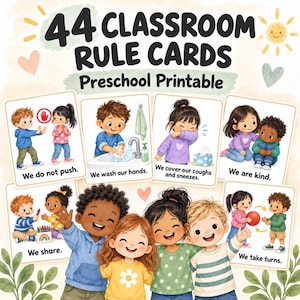 Könnte beinhalten: Ein Set aus 44 Klassenzimmer-Regelkarten für die Vorschule mit illustrierten Szenen von Kindern, die Verhaltensweisen wie Händewaschen, Teilen und Freundlichkeit zeigen, inklusive schwarzer Textbeschriftungen für jede Regel auf weißen Karten.