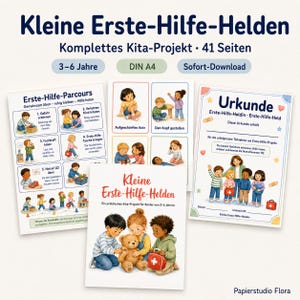Könnte beinhalten: Ein Set aus pädagogischen Druckvorlagen mit dem Titel Kleine Erste-Hilfe-Helden für Kinder von 3-6 Jahren. Es enthält einen Erste-Hilfe-Parcours, Bildkarten zu Verletzungen, ein Projekt-Deckblatt und eine Urkunde für die erfolgreiche Teilnahme.
