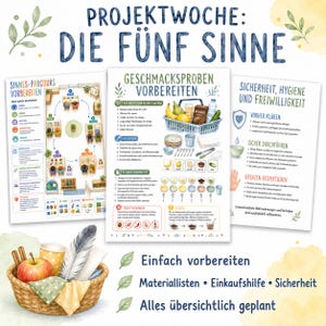 以下が含まれることがあります： Projektwoche: Die Fünf Sinneと題された3枚の教育用ポスターセット。教室での感覚コース、食品準備リスト、安全ガイドラインのイラストが描かれ、リンゴと羽が入った編み込みバスケットが添えられています。