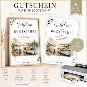 Könnte beinhalten: Ein druckbarer Gutschein für eine Bootsfahrt mit einer Aquarellillustration eines Bootes an einem Holzsteg auf einem See bei Sonnenuntergang. Der Text lautet Gutschein für eine Bootsfahrt, ergänzt durch florale Elemente, Herzen und ein leeres Feld zur Personalisierung. Das Design ist in einem Holzrahmen und als ausgedrucktes Dokument dargestellt.