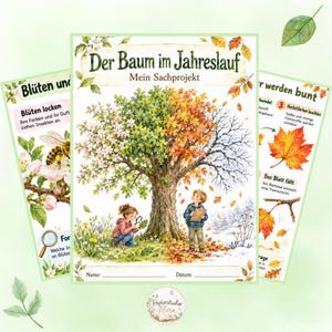 Pode incluir: Um cartaz educativo intitulado Der Baum im Jahreslauf Mein Sachprojekt com uma árvore central que transita pelas quatro estações. Duas crianças observam a árvore com uma lupa e uma prancheta. Inclui campos de texto para Name e Datum.