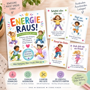 Könnte beinhalten: Ein Set aus ausdruckbaren Bewegungskarten für Kinder mit dem Titel ENERGIE RAUS! und bunten Illustrationen von Kindern bei verschiedenen Übungen. Die Karten enthalten Anweisungen wie Schüttel alles alles aus, Hüpf wie ein Flummi, Stampf den Boden und Dreh dich wie ein Kreisel für spielerische körperliche Aktivität.