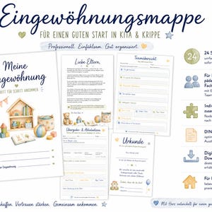 Könnte beinhalten: Eine digitale Eingewöhnungsmappe für Kita und Krippe mit einer Titelseite, die einen Teddybären und Spielzeug zeigt, sowie Vorlagen für Elterninformationen, Teamübersichten, Übergabeprotokolle und eine Urkunde für das Kind.
