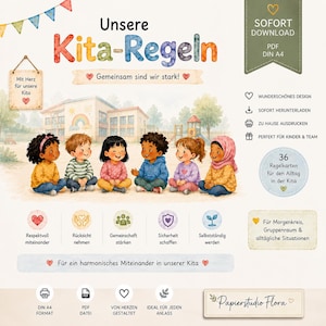 Puede incluir: Un póster digital titulado Unsere Kita-Regeln que presenta una ilustración en acuarela de seis niños diversos sentados juntos frente a un edificio escolar. El diseño incluye texto, iconos y corazones decorativos en formato DIN A4.