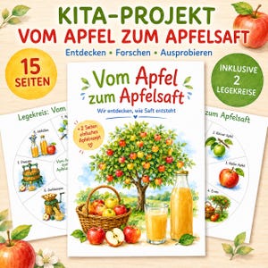 Könnte beinhalten: Unterrichtsmaterial mit dem Titel Vom Apfel zum Apfelsaft, das einen Apfelbaum, einen Korb mit Äpfeln, ein Glas Saft und eine Flasche zeigt. Enthält zwei Legekreise, die den Prozess der Apfelsaftherstellung in verschiedenen Schritten darstellen.