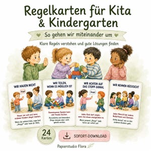 Könnte beinhalten: Ein Set aus 24 Regelkarten für Kita & Kindergarten mit Aquarellillustrationen von Kindern in sozialen Interaktionen. Die Karten zeigen Verhaltensregeln mit deutschem Text, darunter Überschriften wie Wir Hauen Nicht und Wir Teilen.