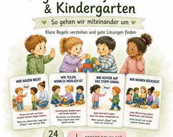 Regelkort för dagis – 24 bildkort för sociala regler, konfliktlösning och respektfull interaktion på förskolan. Lär dig reglerna.