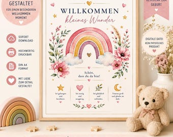 Välkommen lilla mirakelposter | Barnrumsdekor | Akvarell babyposter | Födelsepresent | Utskrivbar DIN A4 | Direkt nedladdning | Flicka