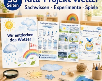 Väderprojekt för dagis – 30 sidor med experiment, väderkartor, spel, forskningsblad och certifikat – Material för dagis för att lära sig om väder
