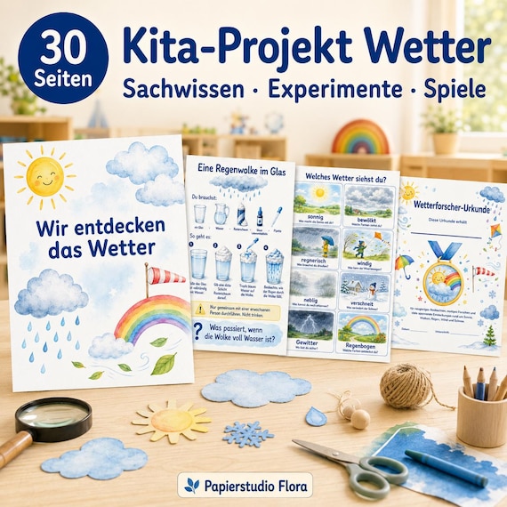 Kita Projekt Wetter – 30 Seiten mit Experimenten, Wetterkarten, Spielen, Forscherbögen & Urkunde – Kindergarten Material Wetter kennenlernen