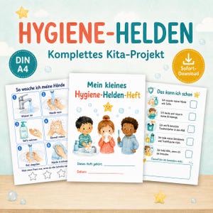 Op de afbeelding: Een set van drie educatieve bladen getiteld HYGIENE-HELDEN met illustraties van kinderen die hygiëne beoefenen. De bladen bevatten stapsgewijze instructies voor handen wassen, een omslag voor een boekje en een checklist voor gewoontes.