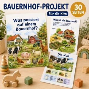 May include: A set of educational printed sheets titled BAUERNHOF-PROJEKT featuring watercolor illustrations of farm animals, a red barn, and a farmhouse. The pages include text in German, diagrams of farm life, and a detailed focus on a cow.