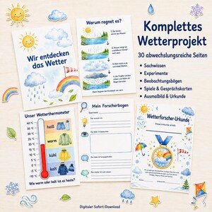Może przedstawiać: Zestaw edukacyjnych arkuszy roboczych o pogodzie z akwarelowymi ilustracjami słońc, chmur, tęcz i termometr&oacute;w. Strony zawierają niemieckie teksty, takie jak Wir entdecken das Wetter, Warum regnet es, Unser Wetterthermometer, Mein Forscherbogen i Wetterforscher-Urkunde, wraz z r&oacute;żnymi ikonami i diagramami.
