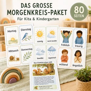 May include: A set of educational cards titled DAS GROSSE MORGENKREIS-PAKET FÜR KITA & KINDERGARTEN, featuring 80 pages of illustrations including days of the week, weather conditions, and emotional expressions with German text labels.