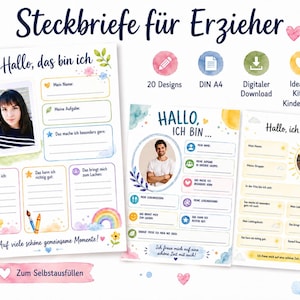 Könnte beinhalten: Drei ausdruckbare Steckbrief-Vorlagen für Erzieher mit Aquarell-Illustrationen von Sonnen, Regenbögen und Blumen. Jedes Blatt enthält Leerzeilen für persönliche Angaben, einen Fotorahmen sowie den Text "Steckbriefe für Erzieher" und "Hallo, das bin ich".